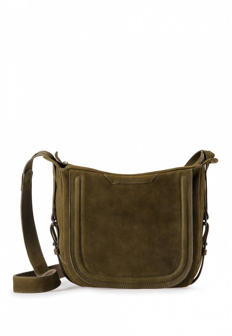 Olivgrüne Wildleder- Schultertasche mit glatter Textur, abgerundeten Kanten, verstellbarem Riemen und dezenten Nähakzenten.