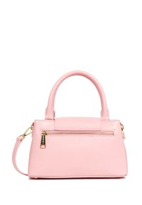 Borsa a tracolla in pelle rosa con un design strutturato, manici superiori, tracolla removibile e una tasca frontale con zip accentuata da dettagli in oro.