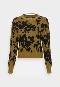 Langarm gebreide trui in mosterdgeel met gedurfde zwarte abstracte bloempatronen en geribde manchetten en zoom.