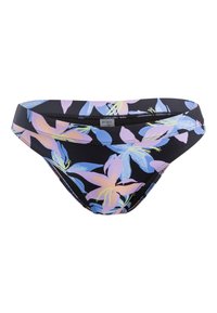 Blumiger Bikini-Unterteil in Schwarz, mit großen pastellrosa und blauen Blumen. Hergestellt aus dehnbarem Stoff mit glatter Textur. Roxy-Tag sichtbar.