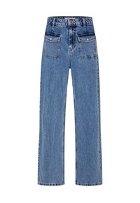 Vaqueros anchos de denim en tono azul claro, con cintura alta, dos bolsillos en la parte trasera y costuras en contraste.