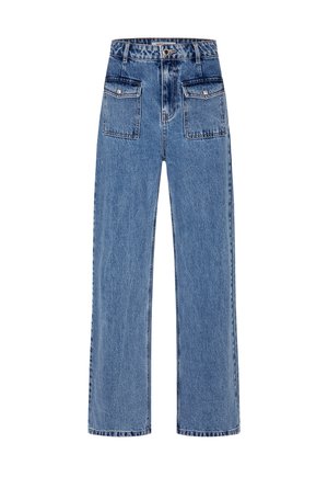 Light blue wide-leg jeans made of denim, featuring a high waist, two back pockets, and contrasting stitching.