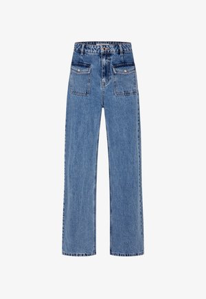 Light blue wide-leg jeans made of denim, featuring a high waist, two back pockets, and contrasting stitching.
