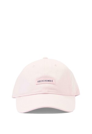 Lichtroze baseballpet met gebogen klep en "ABERCROMBIE" label gestikt op het midden voor.