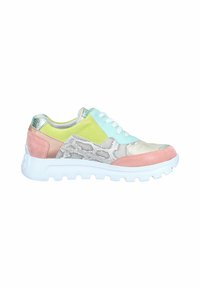 Low-top sneaker with white sole, pastel pink, yellow, mint green panels, and gray snake print details, viewed from the side.