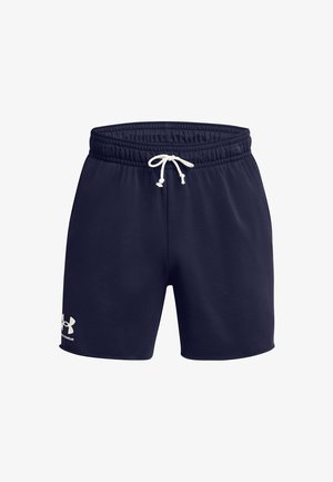 Tumesinised spordilühikesed püksid elastse vöökohtadega, nööriga ja valge logo detailiga vasakul reiel. Pehme kangas sileda tekstuuriga.