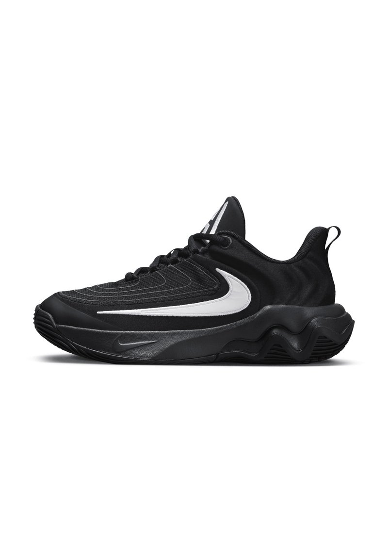 Svart sneakers med teksturert overdel, hvit swoosh-detalj, rund såle med bølget mønster, og snøring for sikker passform.