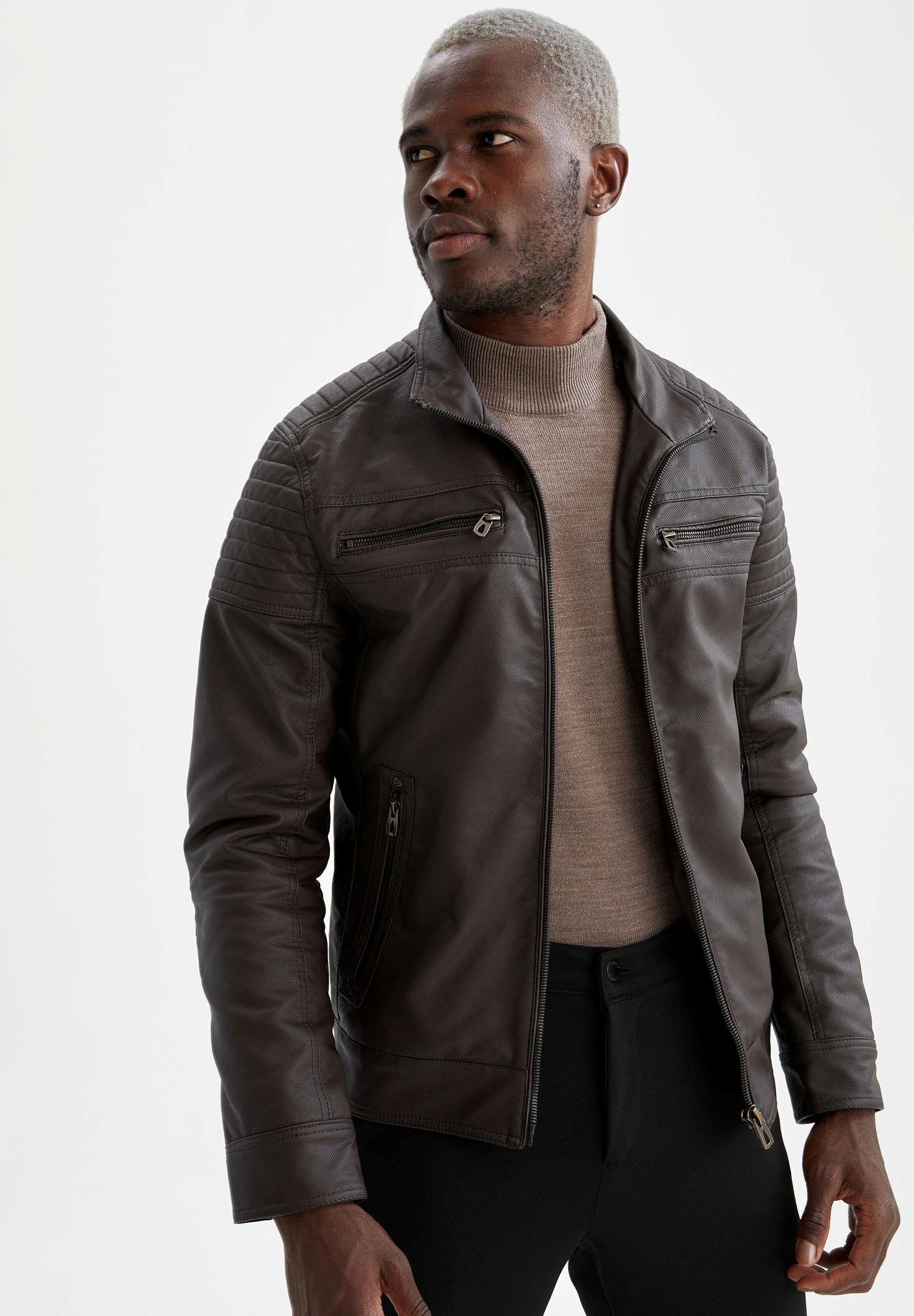 DeFacto SLIM FIT - Chaqueta de cuero sintético - brown/marrón - Zalando.es