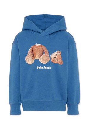 Felpa con cappuccio blu con una grafica di un orsacchiotto smontato, con la testa separata dal corpo e la scritta "Palm Angels" sotto.