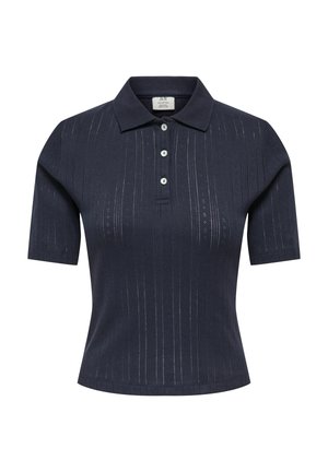 Navy blue short-sleeve polo shirt with vertical textured stripes and three white buttons on the front placket.