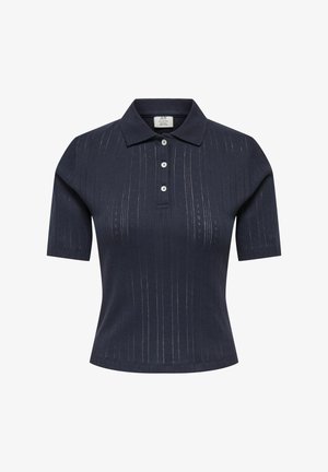 Navy blue short-sleeve polo shirt with vertical textured stripes and three white buttons on the front placket.