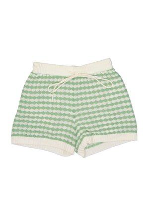 Pantalones cortos de punto con patrón de conchas verde y blanco, cinturilla y puños acanalados, y un cordón blanco en la cintura.