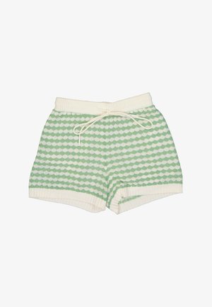 Shorts en maille avec motif coquille vert et blanc, taille et poignets côtelés, et cordon blanc à la taille.