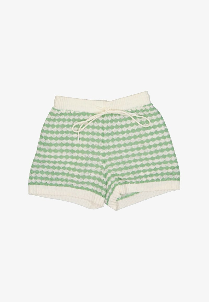 Shorts en maille avec motif coquille vert et blanc, taille et poignets côtelés, et cordon blanc à la taille.