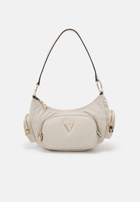 Borsa a tracolla in nylon beige con accessori dorati, una tracolla corta e due tasche laterali con zip. Presenta un triangolo con il logo sul davanti.