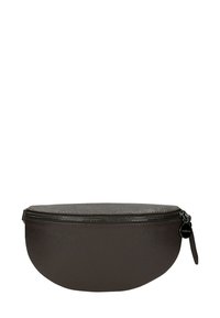 Dunkelbraune Leder-Halbmondtasche mit strukturiertem Finish, silbernem Reißverschluss und einem kleinen Markenetikett an der Seite. Kompaktes und minimalistisches Design.