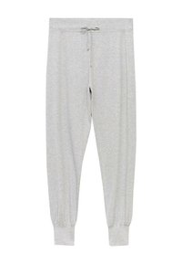 Pantalones de chándal grises de tejido suave con cintura de cordón, detalle de botón en la parte superior y puños elásticos en los tobillos.