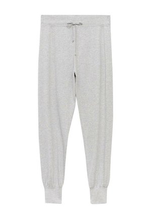 Sive trenerke od mekog materijala s vezicom u struku, detaljem gumba na vrhu i elastičnim manžetama na gležnjevima.