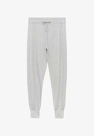 Szare dresy wykonane z miękkiego materiału, z elastycznym paskiem w talii, detalem w postaci guzika na górze oraz elastycznymi ściągaczami przy kostkach.