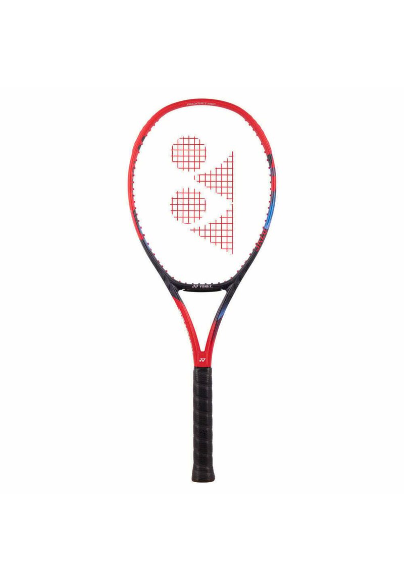 Red and black tennis racket with a rounded head, textured black grip, and a white grid pattern featuring circles and triangles.
