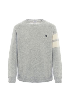 Maglione grigio in morbido materiale a maglia. Presenta una scollatura tonda, maniche lunghe e strisce bianche sulle maniche con un piccolo logo sul petto.
