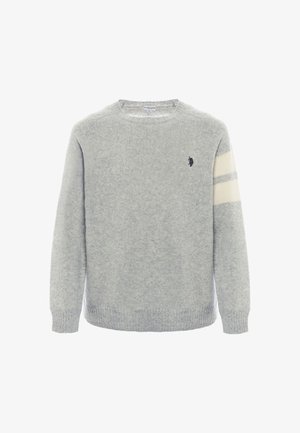 Maglione grigio in morbido materiale a maglia. Presenta una scollatura tonda, maniche lunghe e strisce bianche sulle maniche con un piccolo logo sul petto.