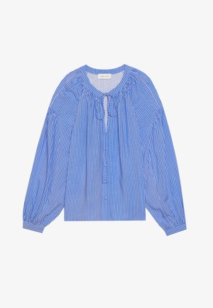 Kék és fehér csíkos ing, gumírozott nyakkivágással és állítható húzózsinórral, hosszú puff ujjakkal és laza fazonnal.