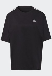 Black short-sleeve t-shirt made of cotton with a round neck, featuring white stripes on the shoulders and a small white logo on the chest.