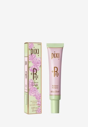 Pixi +Rose Radiance Perfector Hautbeleuchtungs-Tube und Blumenbox, 25 ml, hellrosa und grüne Verpackung mit Rosenillustrationen.