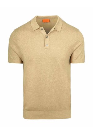Beige poloshirt met korte mouwen, voorzien van een twee-knopenbies en een zachte, gestructureerde stof.