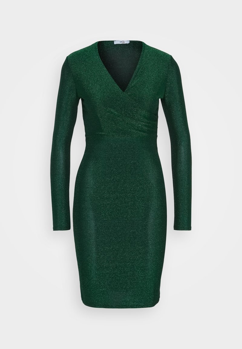 Grünes glitzerndes Kleid mit V-Ausschnitt, langen Ärmeln und taillierter Silhouette, mit strukturiertem Stoff und Wickeldesign in der Taille.