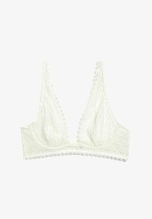 Spitzen-Bralette in Off-White mit tiefem V-Ausschnitt, gewelltem Saum und transparenter Textur. Entworfen mit breiten Trägern und einer weichen, ungepolsterten Struktur.