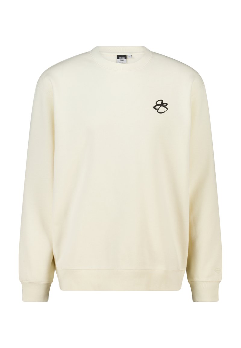 Roomkleurige sweatshirt gemaakt van zacht katoen met een ronde hals, lange mouwen, geribbelde manchetten en een zwart geborduurd logo op de borst.