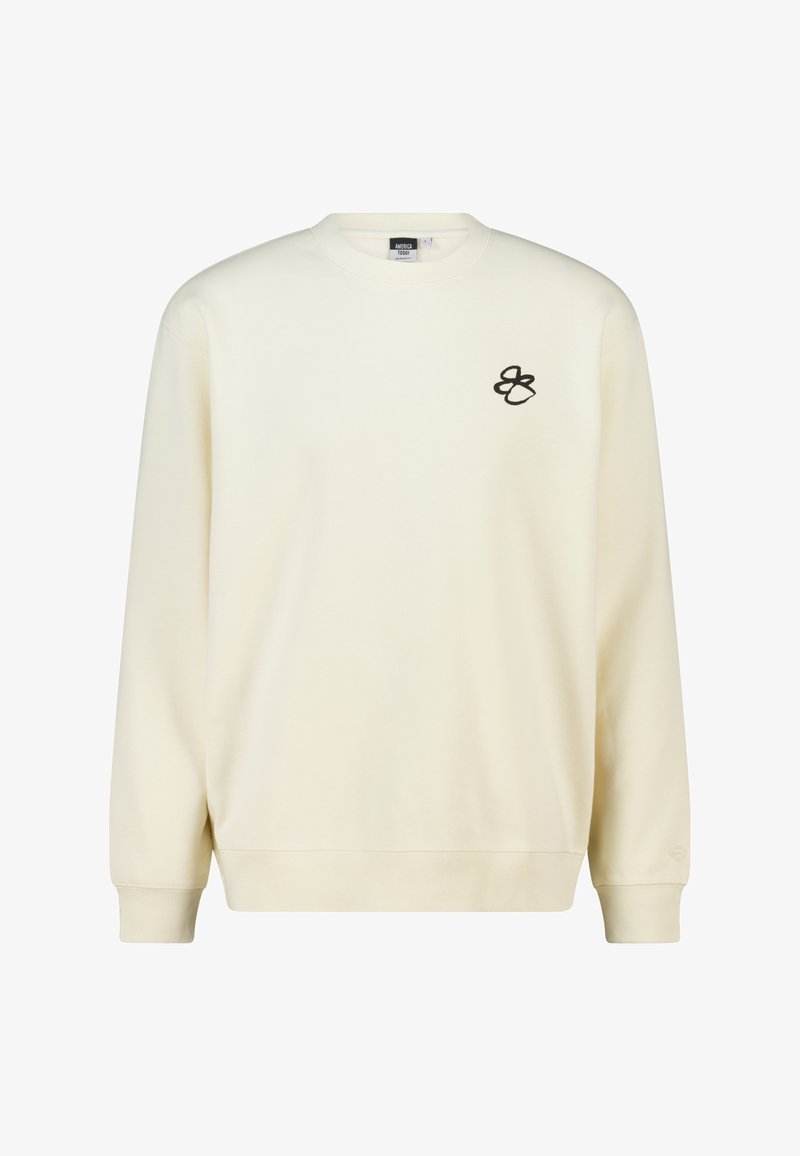 Roomkleurige sweatshirt gemaakt van zacht katoen met een ronde hals, lange mouwen, geribbelde manchetten en een zwart geborduurd logo op de borst.