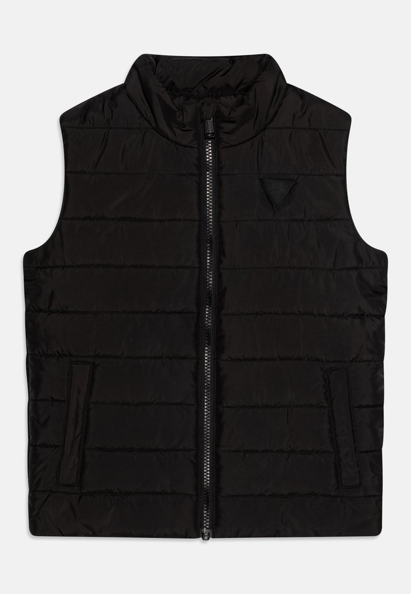 Svart puffer-väst med hög krage, framsidan med dragkedja och två fickor på sidorna. Har horisontell quiltning och en logotyp på bröstet.