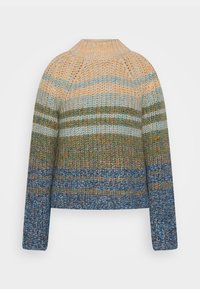 Sweter o fakturze z okrągłym dekoltem, długimi rękawami i gradientowym wzorem w odcieniach niebieskiego, zielonego i beżowego. Dzianina z mieszanych włókien.