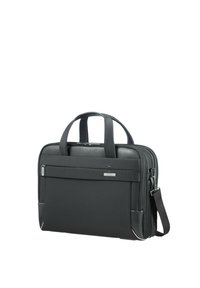 Black laptop bag with dual handles and a detachable shoulder strap. Made of durable fabric with a textured front and silver zipper.
