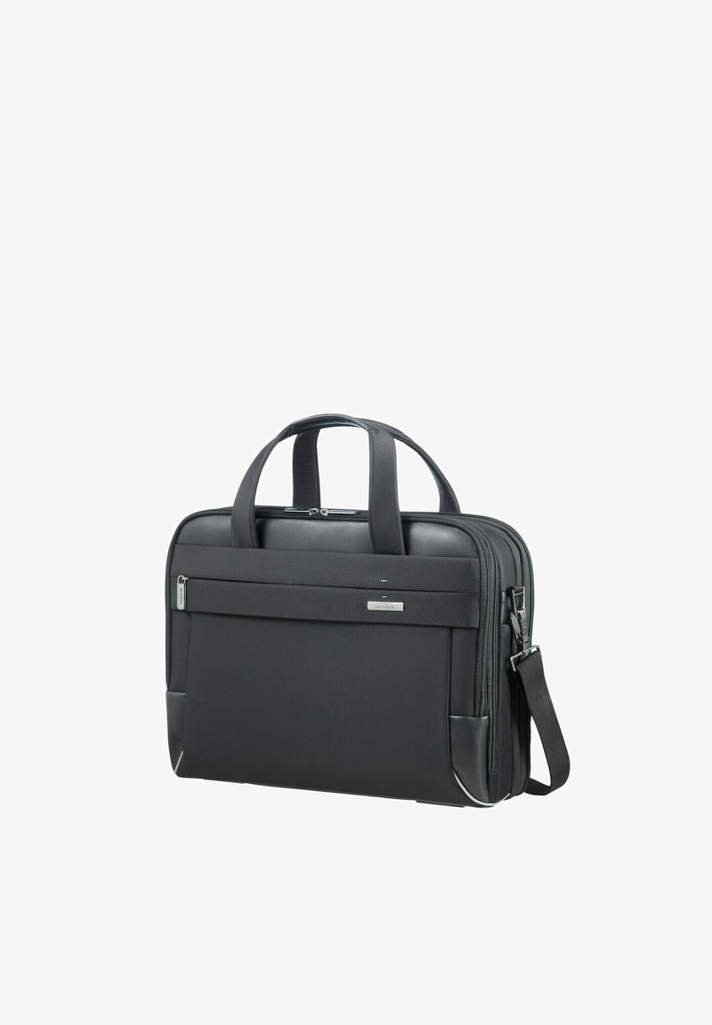 Black laptop bag with dual handles and a detachable shoulder strap. Made of durable fabric with a textured front and silver zipper.