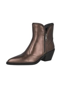 Botín sintético bronce con punta afilada, cierre lateral, acabado en cuero texturizado y tacón cuadrado.