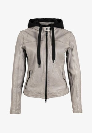 Helles graues Lederjacke mit einer schwarzen Kapuze. Verfügt über einen Reißverschluss vorne, zwei seitliche Taschen und verstellbare Kordeln für die Kapuze.