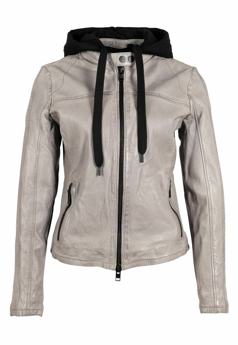 Giacca di pelle grigia chiara con cappuccio nero. Presenta una chiusura con zip frontale, due tasche laterali e cordini regolabili per il cappuccio.