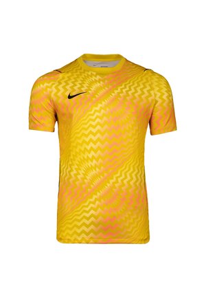 Krótki sportowy t-shirt z żółto-pomarańczowym wzorem w zygzak, czarne logo Nike na prawym biuście i okrągły dekolt.