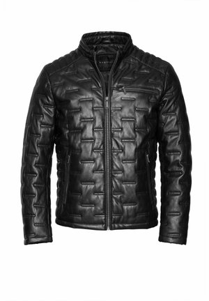 Schwarze Lederjacke mit gestepptem Muster, hohem Kragen und Reißverschluss. Sie verfügt über eine Brusttasche und hat eine einheitliche Farbe mit glatter Textur.