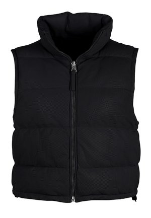 Schwarze Steppweste mit hochstehendem Kragen, Reißverschluss vorne, gestepptem Design und perforierter Textur, ohne Ärmel für zusätzliche Beweglichkeit.