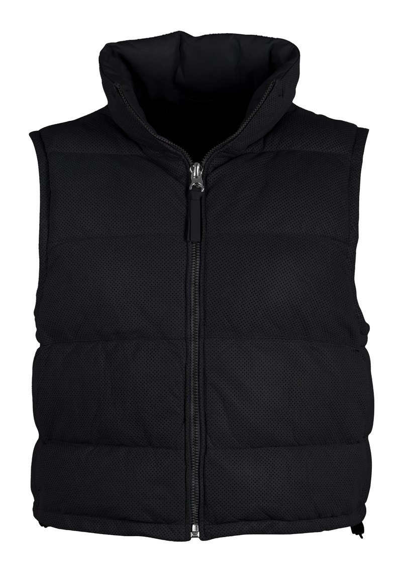 Schwarze Steppweste mit hochstehendem Kragen, Reißverschluss vorne, gestepptem Design und perforierter Textur, ohne Ärmel für zusätzliche Beweglichkeit.