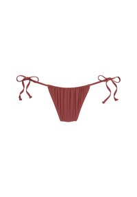 Bas de bikini brun rouge avec un design froncé, liens ajustables sur les côtés, et tissu doux et flexible. Pas de motifs ni d'accents supplémentaires.