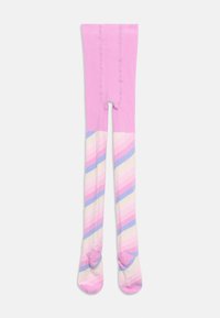 Παιδικά καλσόν σε ανοιχτό ροζ με διαγώνιες παστέλ ρίγες σε μωβ, κρεμ και ροζ κατά μήκος των ποδιών σε λευκό φόντο.