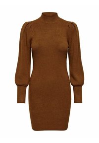Robe en tricot côtelé marron avec un col montant, de longues manches bouffantes et une silhouette ajustée, présentant une texture douce et extensible.