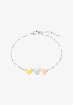 Silberarmband mit drei herzförmigen Anhängern in Gelb-, Weiß- und Roségold sowie einem verstellbaren Karabinerverschluss.