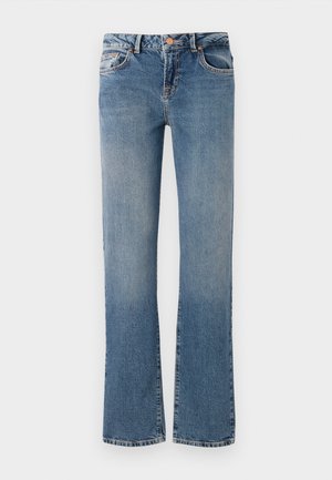 Lichtblauwe denim jeans met een rechte snit, iets uitlopend aan de zoom, vijf zakken en koperen klinknagels bij de taille en zakken.